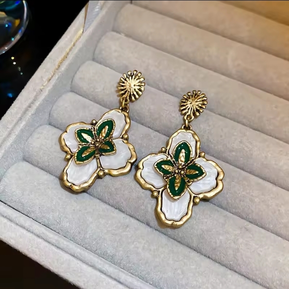 Vintage Gold & White Enamel Floral Drop Earrings with Green Accents - Picture 7 of 8